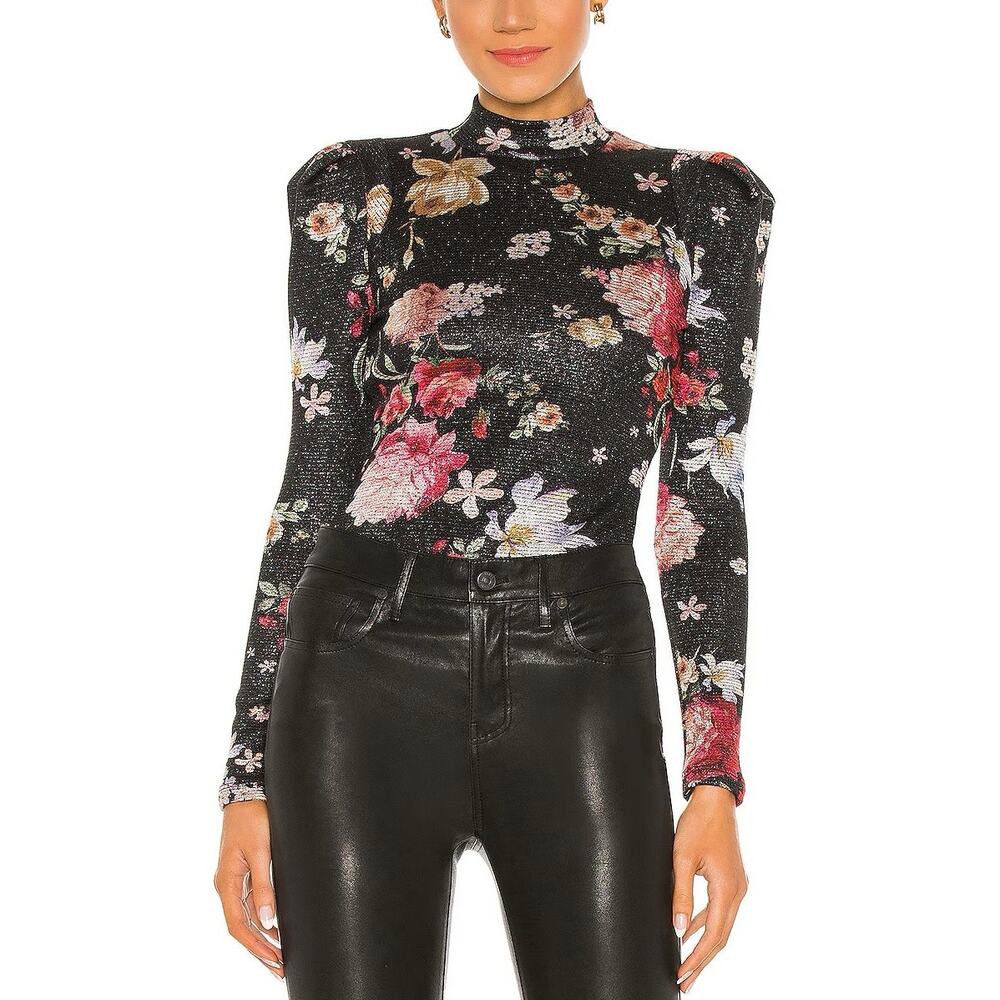 Smythe Box Pleat Knit Top Metallic Wallpaper Floral Puff Shoulder Long Sleeve XS